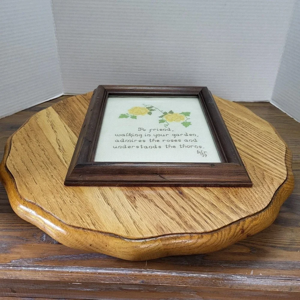 VTG Wood Framed Cross Stitch Needlepoint Friend Walking Garden Picture Roses